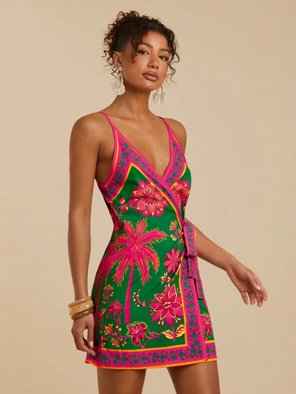 Travachic Women's Wrap Tie Side Green Floral Boho Tropical Beach Vacation Dress Summer Holiday Outfits Elegant Bohemian Clothes For Wedding Music Festival