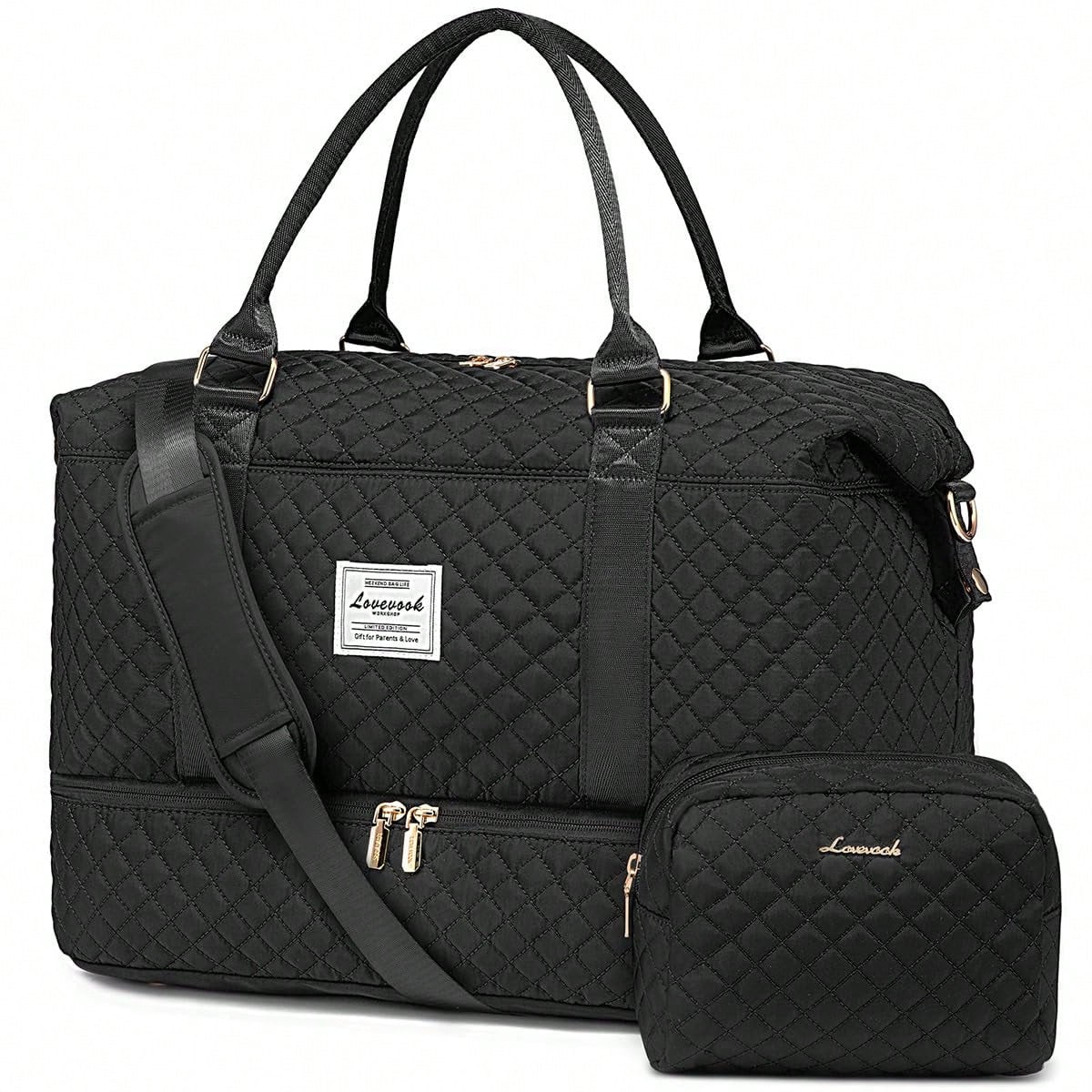 Travel Duffle Bag,Weekender Bags For Women With Shoe Compartment,Carry On Overnight Bag With Toiletry Bag,Gym Duffel Bag With Wet Pocket (Black)