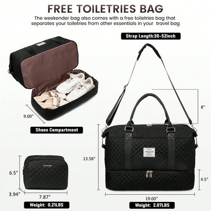Travel Duffle Bag,Weekender Bags For Women With Shoe Compartment,Carry On Overnight Bag With Toiletry Bag,Gym Duffel Bag With Wet Pocket (Black)