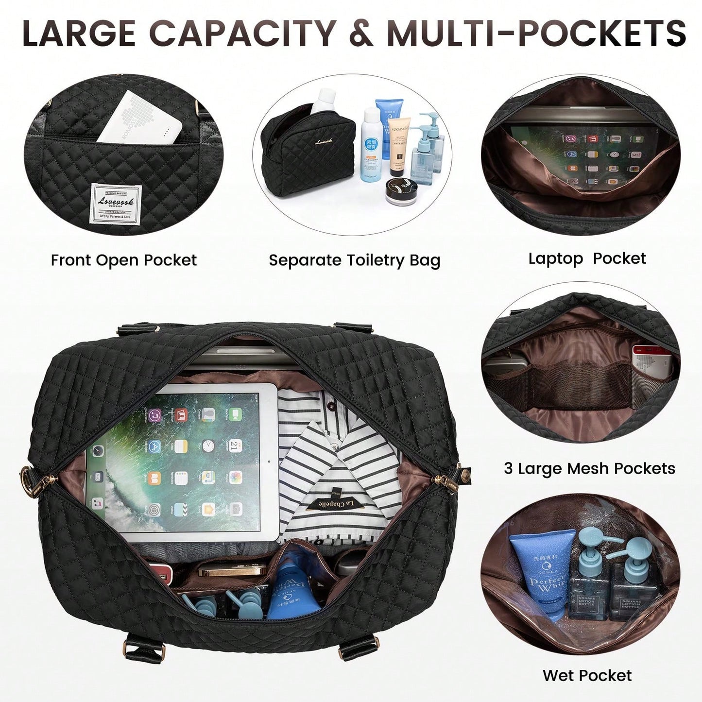 Travel Duffle Bag,Weekender Bags For Women With Shoe Compartment,Carry On Overnight Bag With Toiletry Bag,Gym Duffel Bag With Wet Pocket (Black)