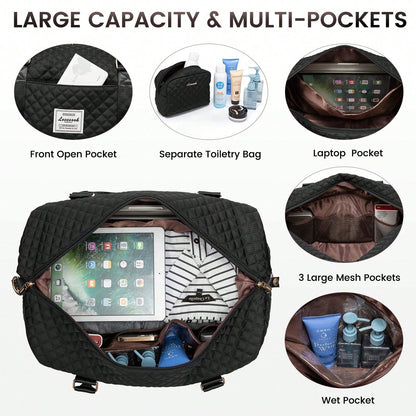 Travel Duffle Bag,Weekender Bags For Women With Shoe Compartment,Carry On Overnight Bag With Toiletry Bag,Gym Duffel Bag With Wet Pocket (Black)