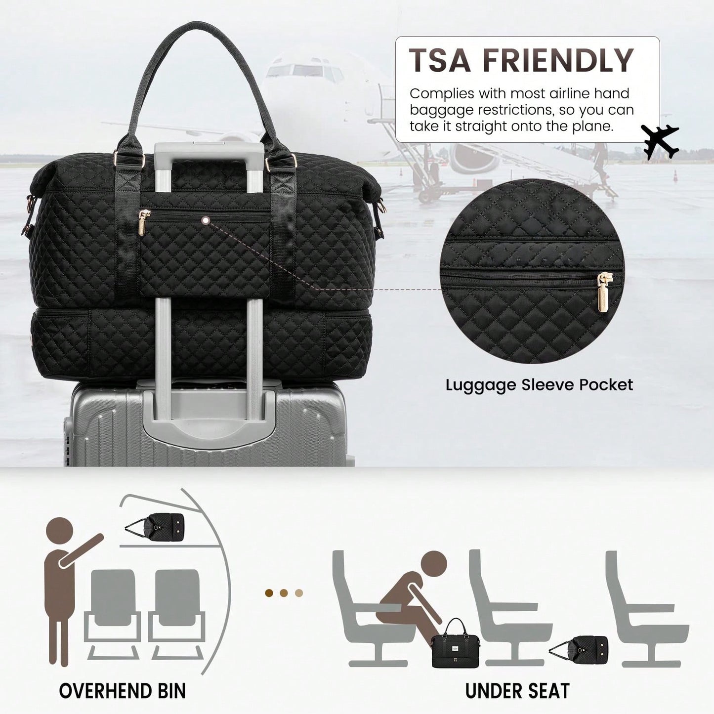 Travel Duffle Bag,Weekender Bags For Women With Shoe Compartment,Carry On Overnight Bag With Toiletry Bag,Gym Duffel Bag With Wet Pocket (Black)