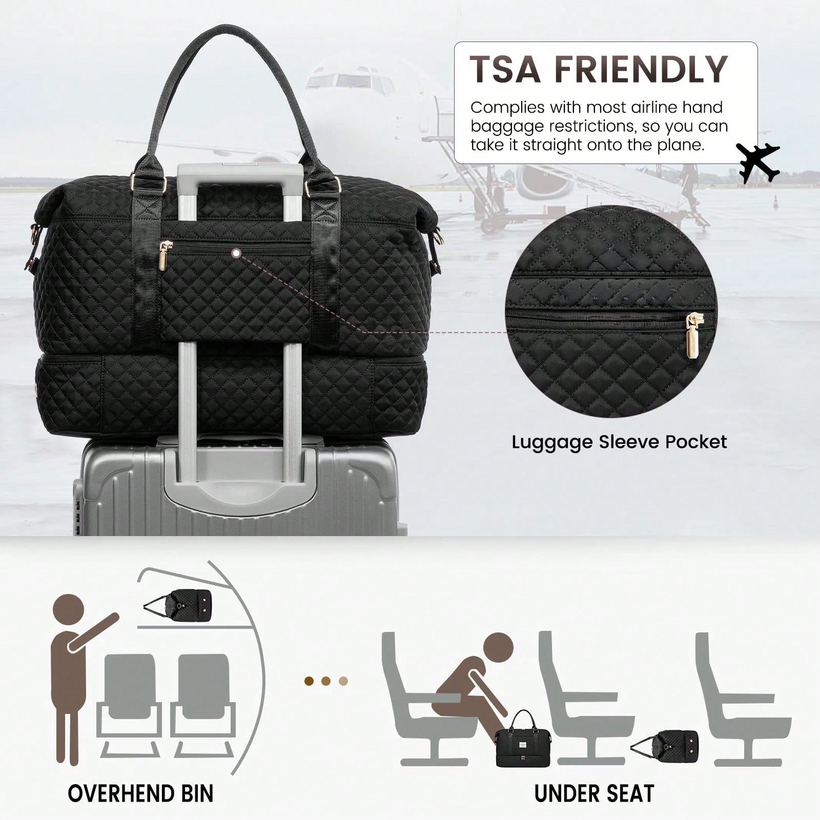 Travel Duffle Bag,Weekender Bags For Women With Shoe Compartment,Carry On Overnight Bag With Toiletry Bag,Gym Duffel Bag With Wet Pocket (Black)