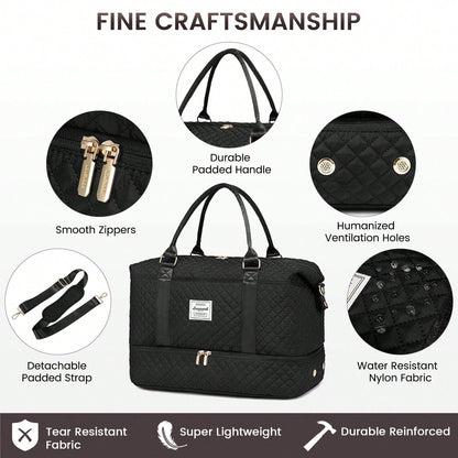 Travel Duffle Bag,Weekender Bags For Women With Shoe Compartment,Carry On Overnight Bag With Toiletry Bag,Gym Duffel Bag With Wet Pocket (Black)