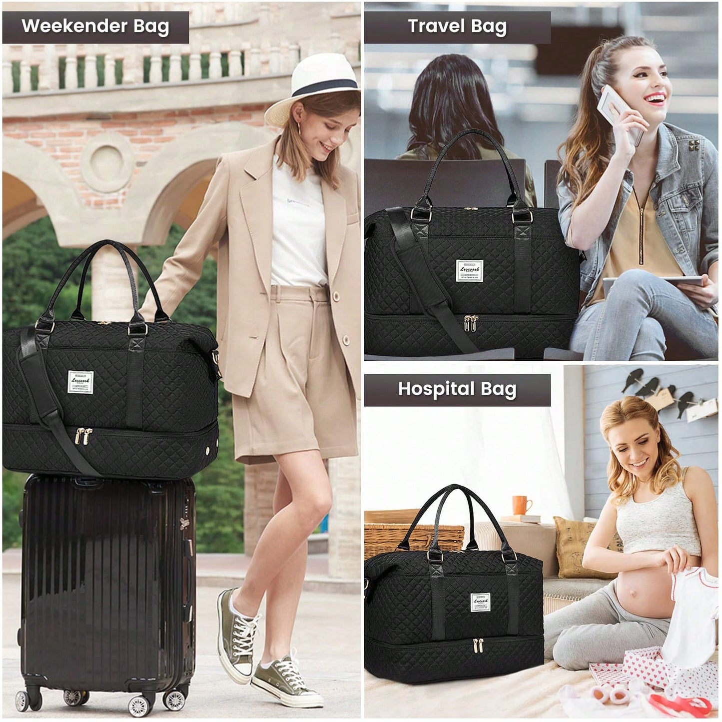 Travel Duffle Bag,Weekender Bags For Women With Shoe Compartment,Carry On Overnight Bag With Toiletry Bag,Gym Duffel Bag With Wet Pocket (Black)