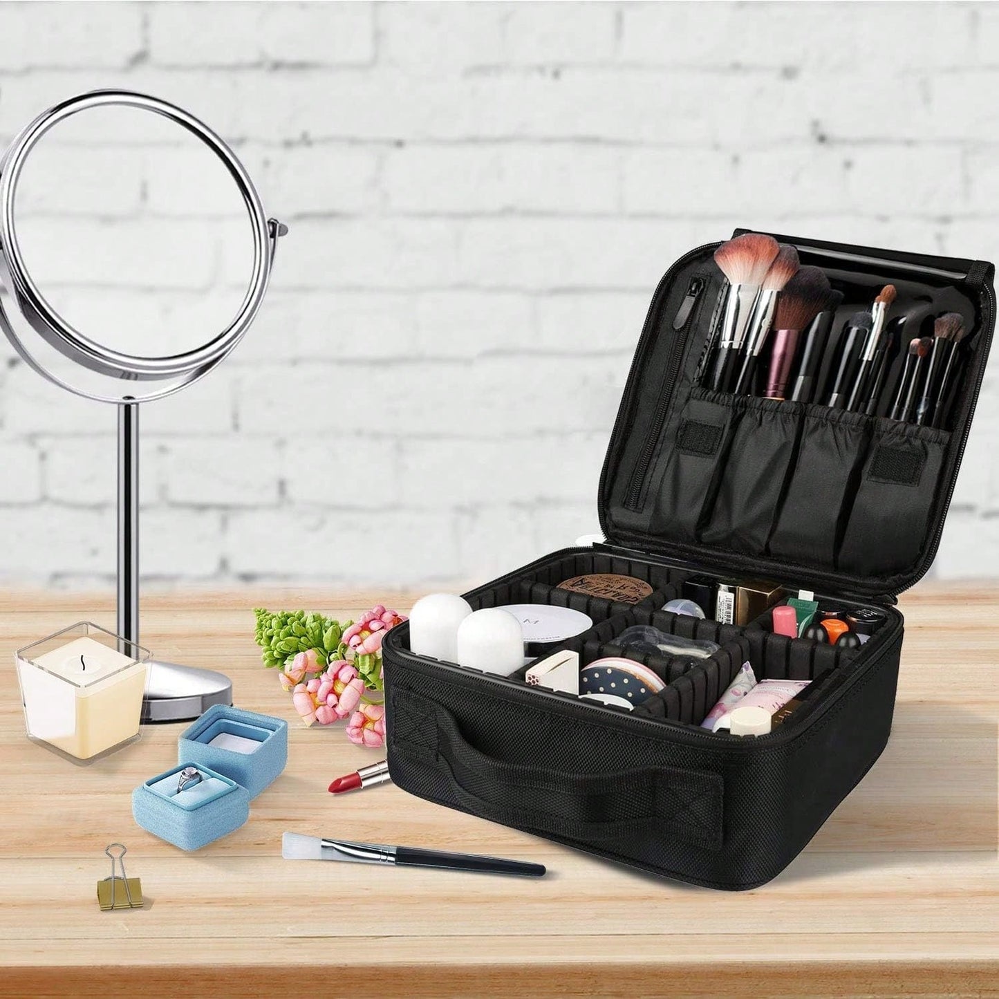 Travel Makeup Bag 10.4 Inches Makeup Train Case Portable Artist Cosmetic Bag With Adjustable Dividers For Cosmetics Makeup Brushes Toiletry Jewelry Digital Accessories Black