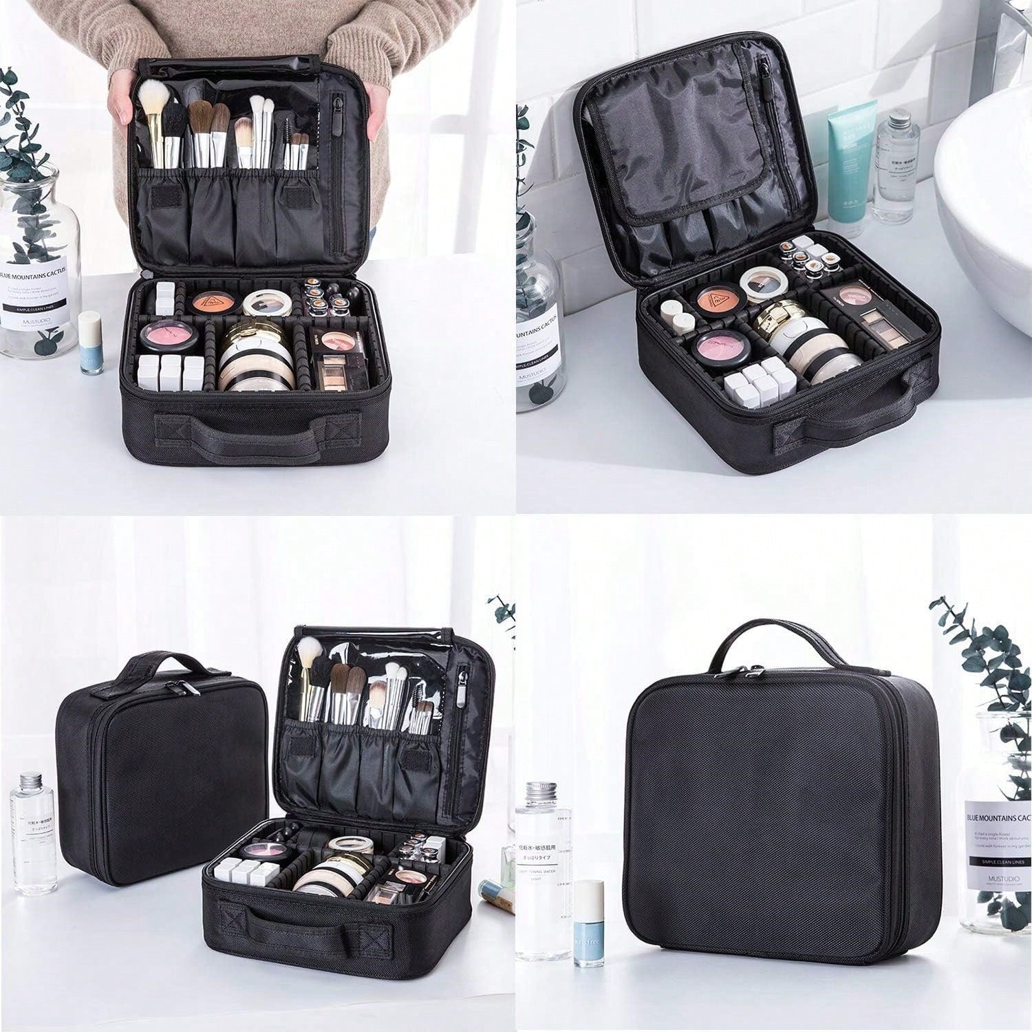 Travel Makeup Bag 10.4 Inches Makeup Train Case Portable Artist Cosmetic Bag With Adjustable Dividers For Cosmetics Makeup Brushes Toiletry Jewelry Digital Accessories Black
