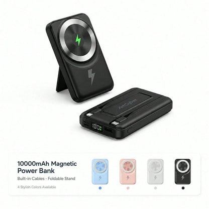 Travel-Ready White 10000mAh Magnetic Battery Pack With 15W Wireless And 22.5W Fast Charging, Featuring An LED Charge Indicator, Compact White Case And Rear Support For Desk Viewing, Compatible With Se