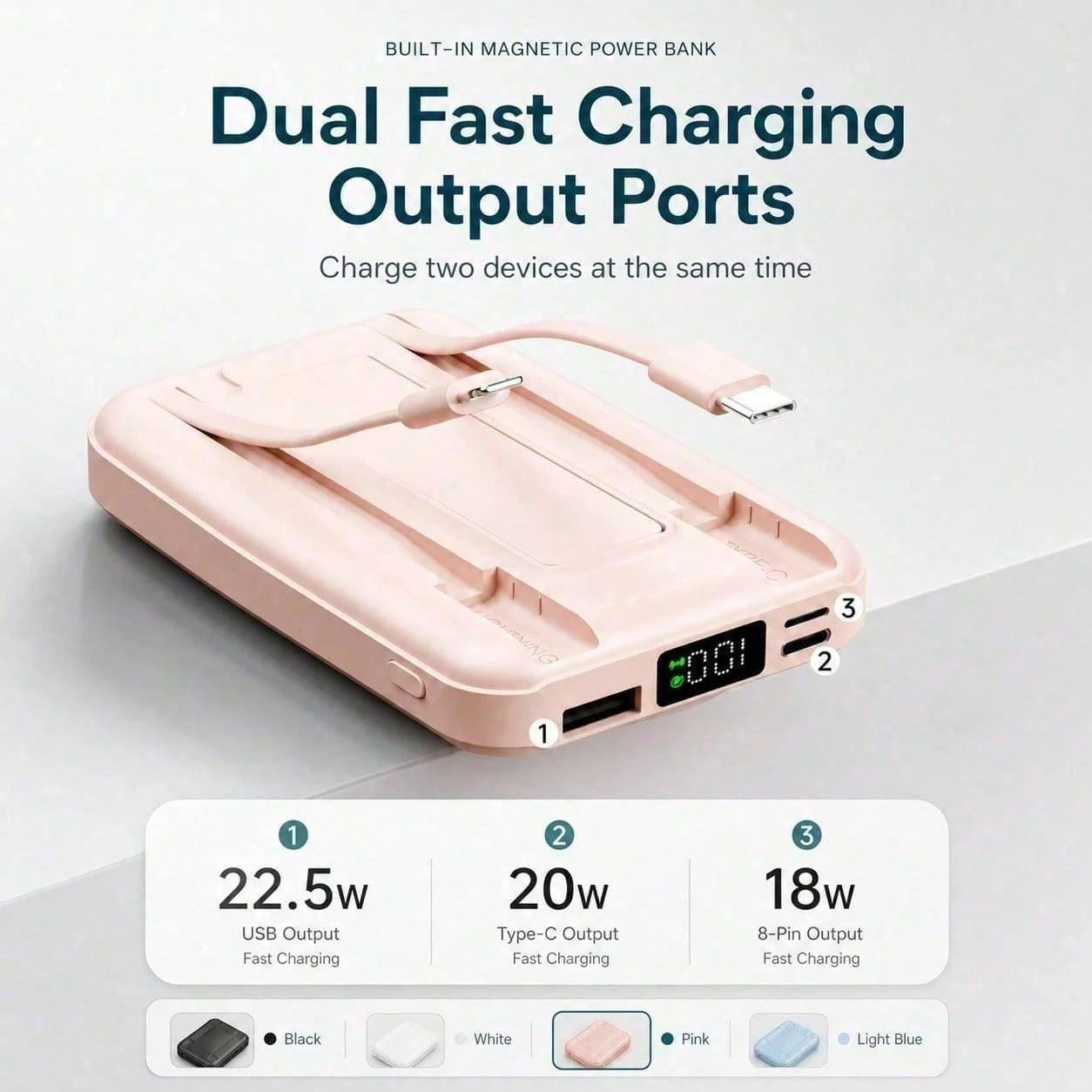 Travel-Ready White 10000mAh Magnetic Battery Pack With 15W Wireless And 22.5W Fast Charging, Featuring An LED Charge Indicator, Compact White Case And Rear Support For Desk Viewing, Compatible With Se