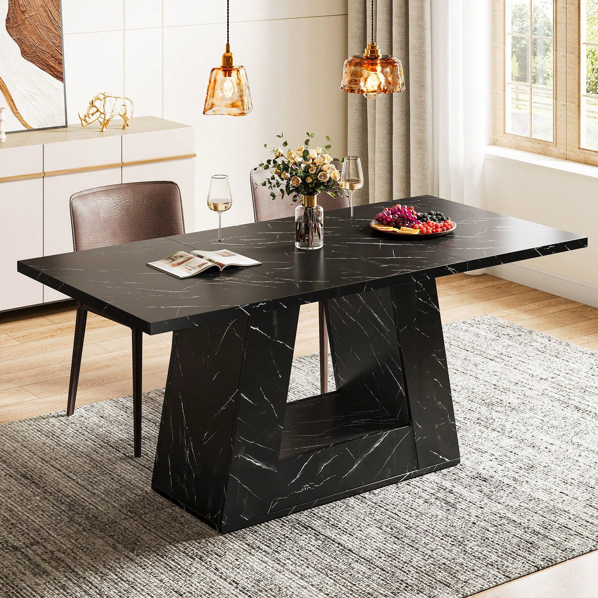Tribesigns Dining Table For 4 To 6 People, 63" Rectangular Dining Room Table, Modern Wooden Faux Marble Dinner Table With Sturdy Base For Kitchen, Living Room