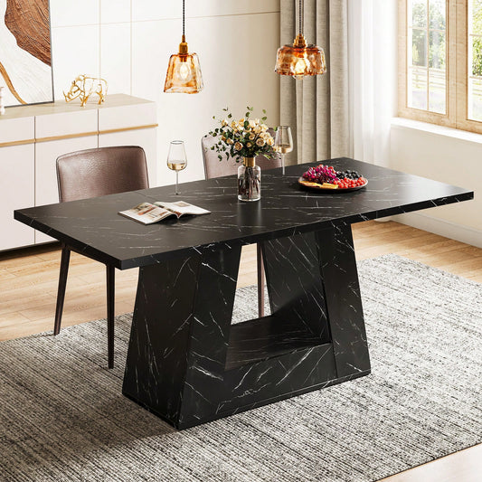 Tribesigns Dining Table For 4 To 6 People, 63" Rectangular Dining Room Table, Modern Wooden Faux Marble Dinner Table With Sturdy Base For Kitchen, Living Room