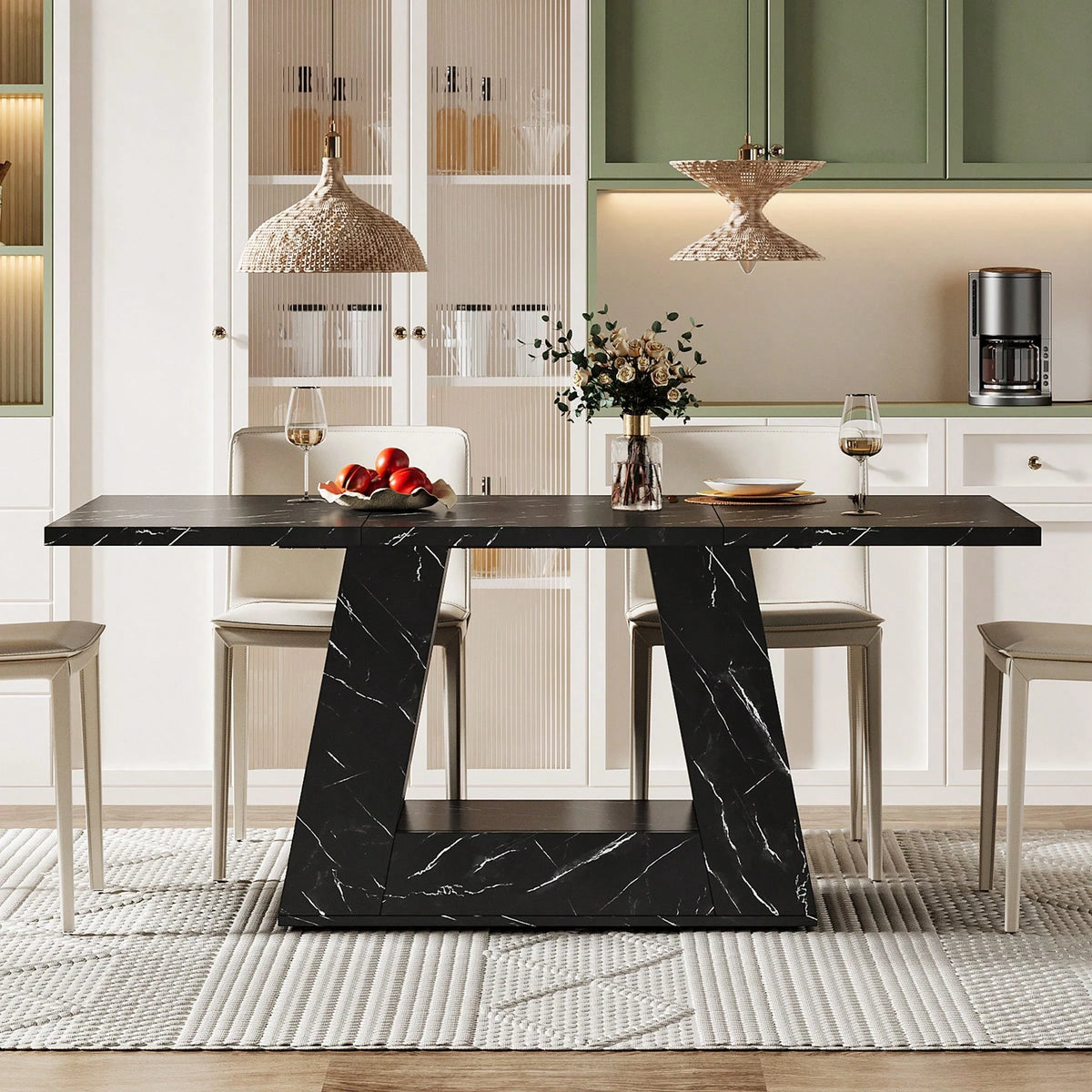 Tribesigns Dining Table For 4 To 6 People, 63" Rectangular Dining Room Table, Modern Wooden Faux Marble Dinner Table With Sturdy Base For Kitchen, Living Room