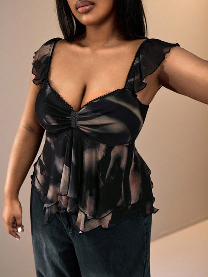 Truni Plus Size Women Tie Dye Print Asymmetrical Hem Top For 2026 New Year, Pear & Triangle See Through Blouse, Sheer Tops, Summer