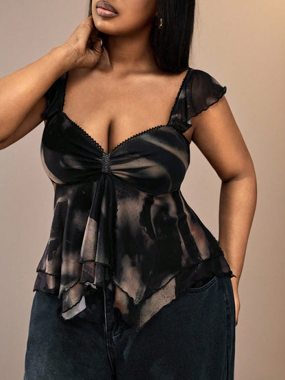 Truni Plus Size Women Tie Dye Print Asymmetrical Hem Top For 2026 New Year, Pear & Triangle See Through Blouse, Sheer Tops, Summer