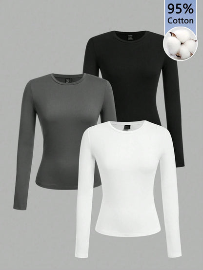Tseoso 3pcs Black & White Casual Long Sleeve Fitted T-Shirt Set, Suitable For Autumn & Winter, 95%Cotton 3 Packs Tops Cotton Shirts Women Tight Basic