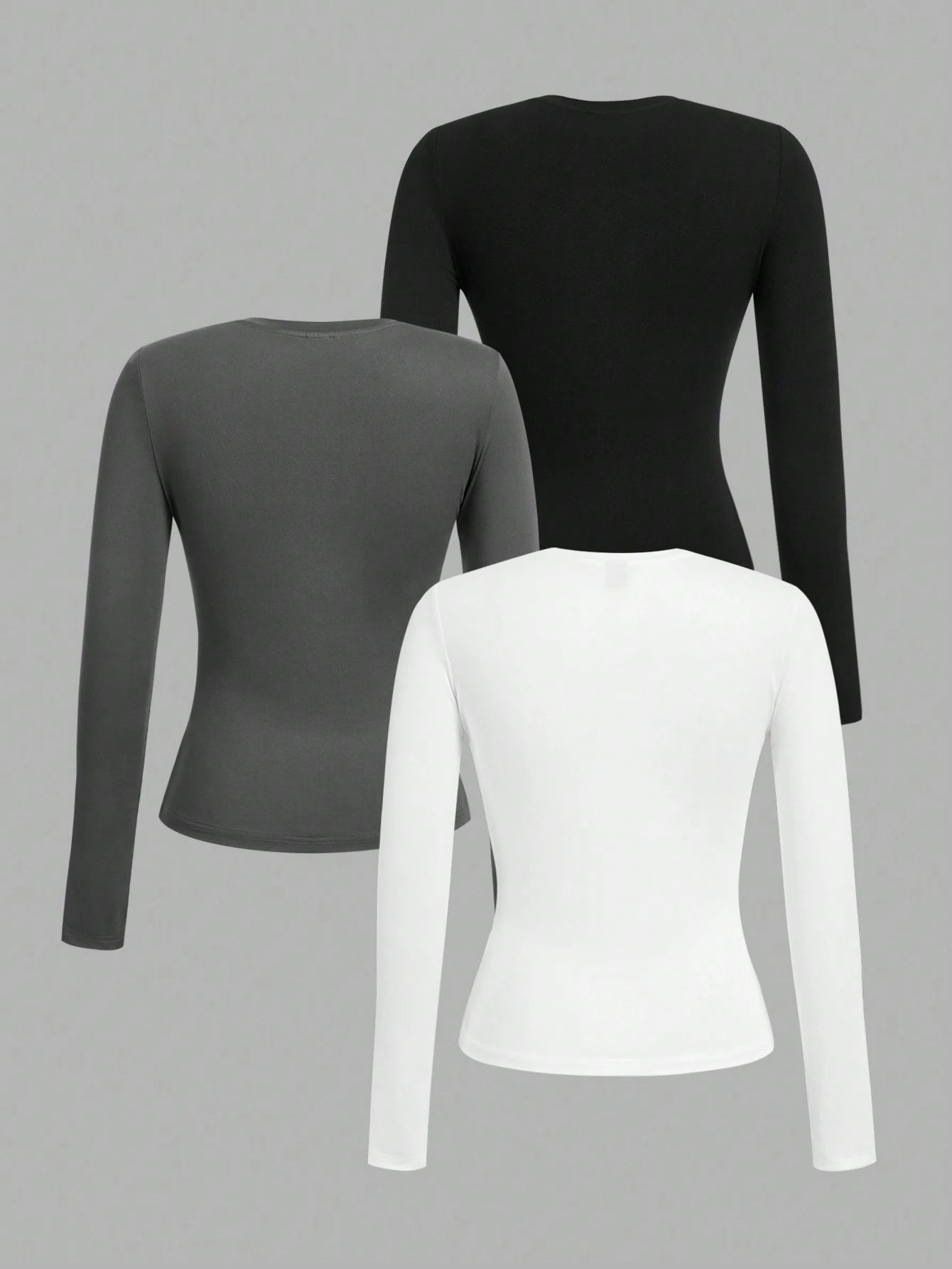 Tseoso 3pcs Black & White Casual Long Sleeve Fitted T-Shirt Set, Suitable For Autumn & Winter, 95%Cotton 3 Packs Tops Cotton Shirts Women Tight Basic