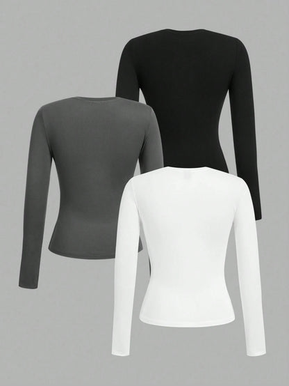 Tseoso 3pcs Black & White Casual Long Sleeve Fitted T-Shirt Set, Suitable For Autumn & Winter, 95%Cotton 3 Packs Tops Cotton Shirts Women Tight Basic