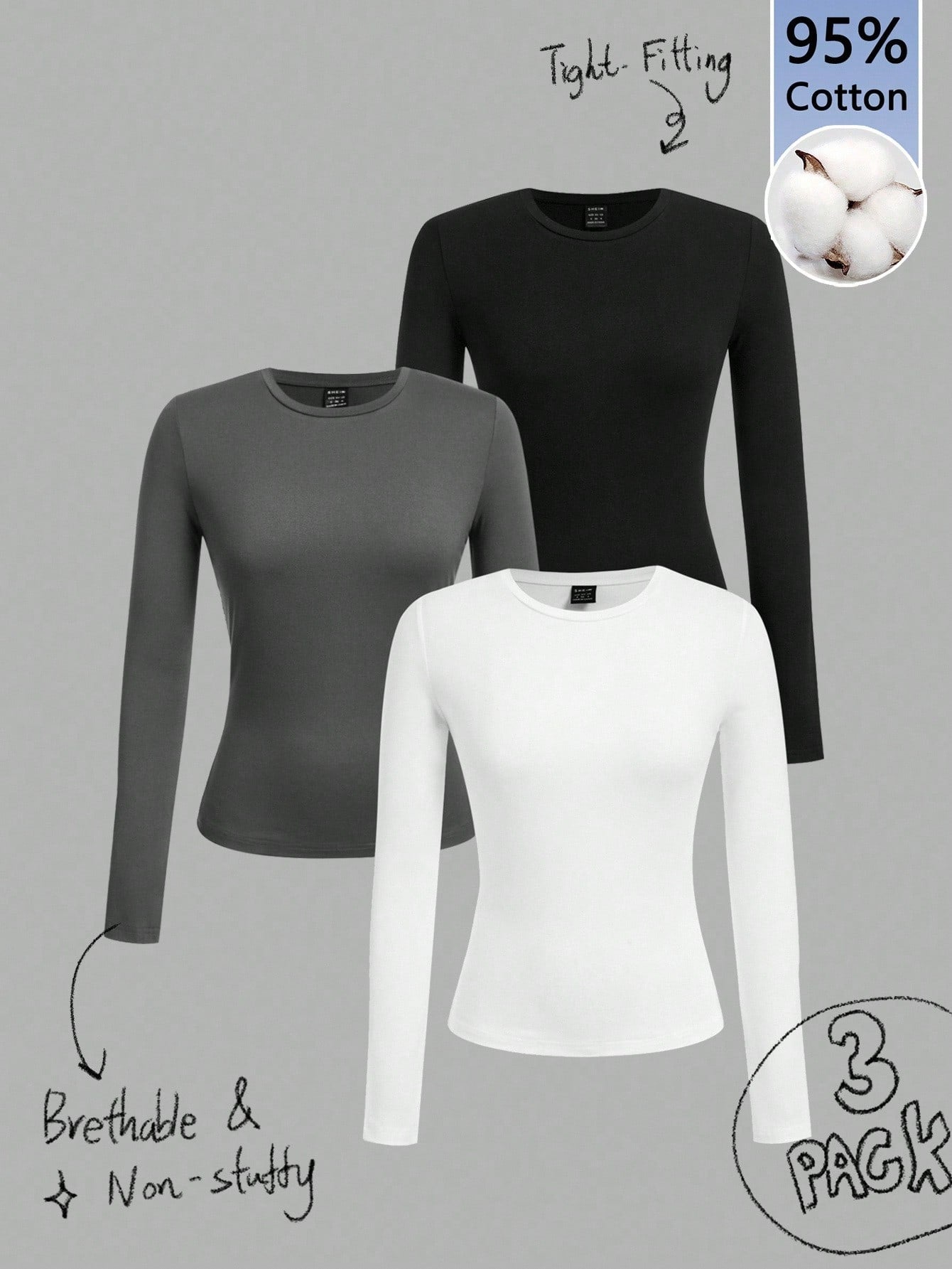 Tseoso 3pcs Black & White Casual Long Sleeve Fitted T-Shirt Set, Suitable For Autumn & Winter, 95%Cotton 3 Packs Tops Cotton Shirts Women Tight Basic
