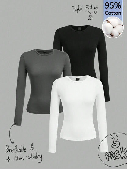 Tseoso 3pcs Black & White Casual Long Sleeve Fitted T-Shirt Set, Suitable For Autumn & Winter, 95%Cotton 3 Packs Tops Cotton Shirts Women Tight Basic