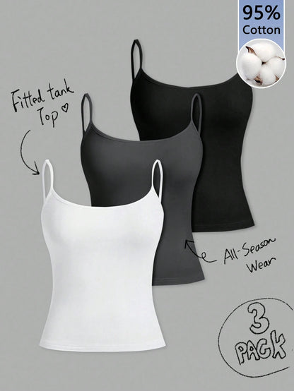 Tseoso 3pcs/Set Casual Slim-Fit Women's Camisole Tops,95% Cotton Black And White,Summer,Basic,Everyday Tank Tops With Built In Bra,Fitted Vintage Cute Tops