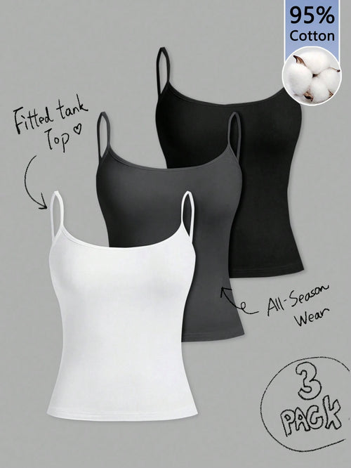 Tseoso 3pcs/Set Casual Slim-Fit Women's Camisole Tops,95% Cotton Black And White,Summer,Basic,Everyday Tank Tops With Built In Bra,Fitted Vintage Cute Tops