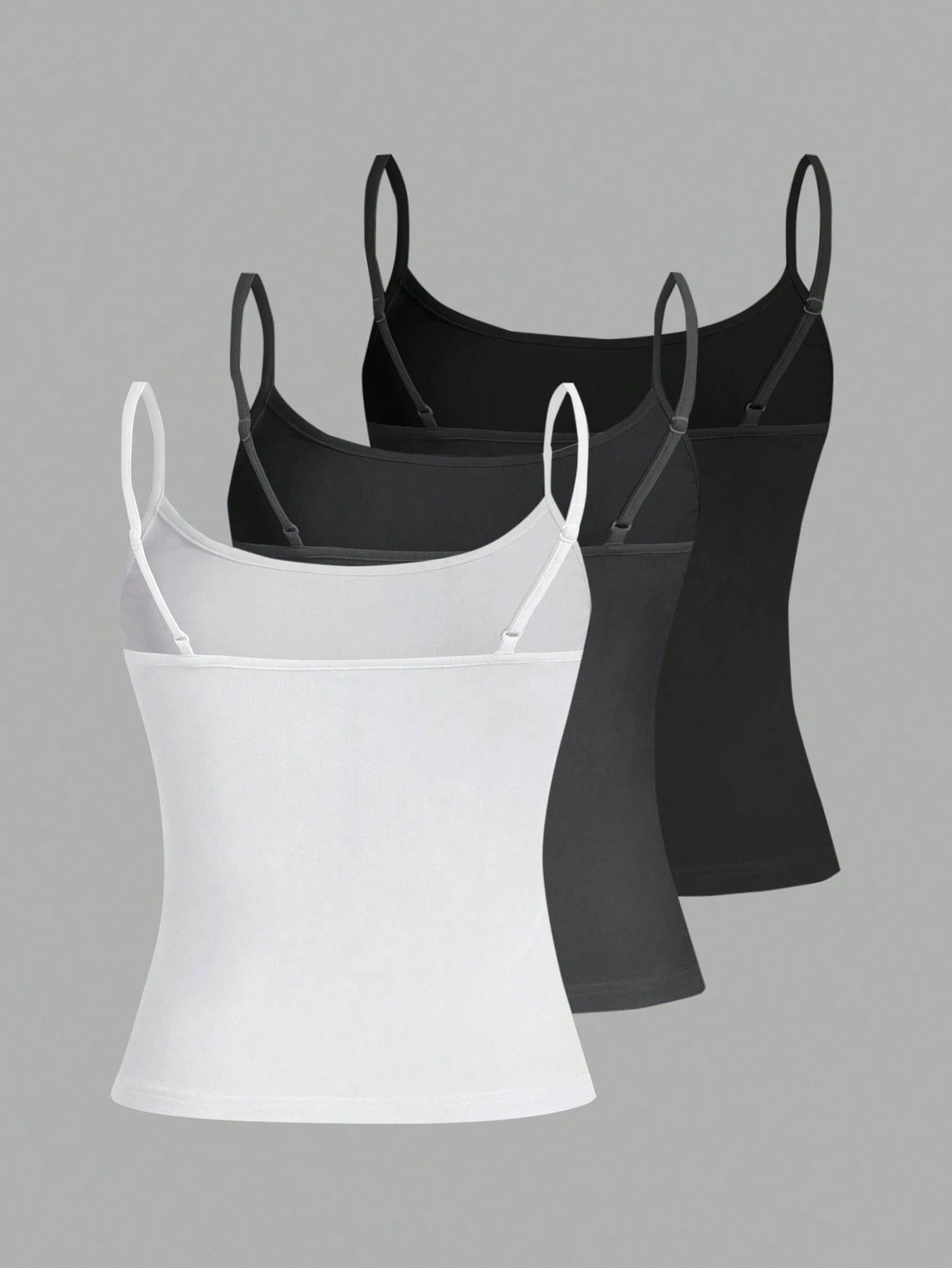 Tseoso 3pcs/Set Casual Slim-Fit Women's Camisole Tops,95% Cotton Black And White,Summer,Basic,Everyday Tank Tops With Built In Bra,Fitted Vintage Cute Tops