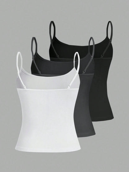 Tseoso 3pcs/Set Casual Slim-Fit Women's Camisole Tops,95% Cotton Black And White,Summer,Basic,Everyday Tank Tops With Built In Bra,Fitted Vintage Cute Tops