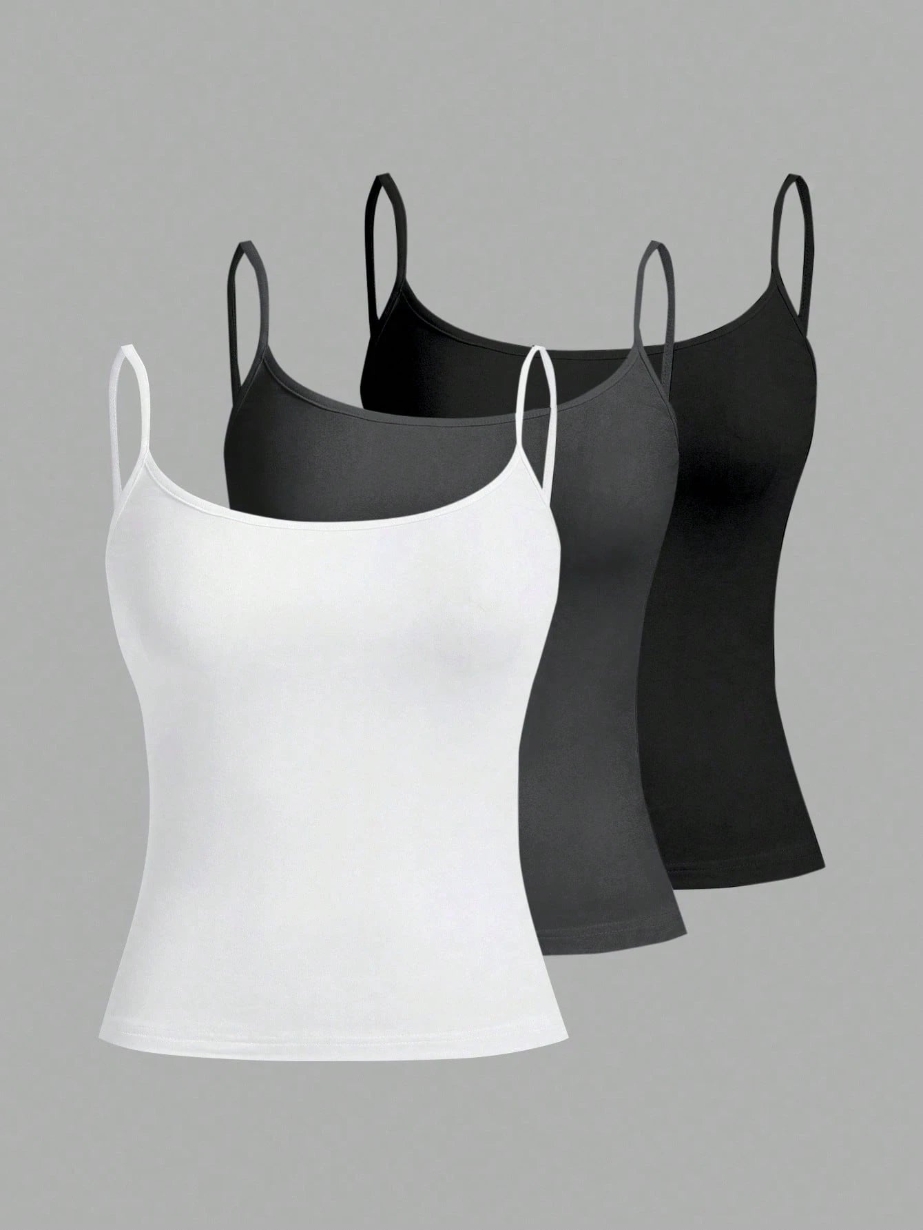 Tseoso 3pcs/Set Casual Slim-Fit Women's Camisole Tops,95% Cotton Black And White,Summer,Basic,Everyday Tank Tops With Built In Bra,Fitted Vintage Cute Tops