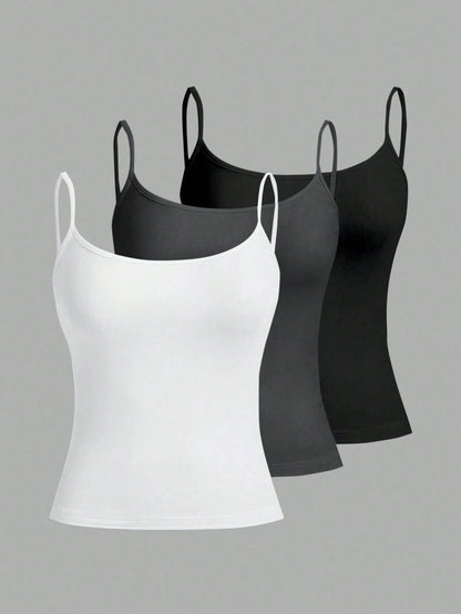 Tseoso 3pcs/Set Casual Slim-Fit Women's Camisole Tops,95% Cotton Black And White,Summer,Basic,Everyday Tank Tops With Built In Bra,Fitted Vintage Cute Tops