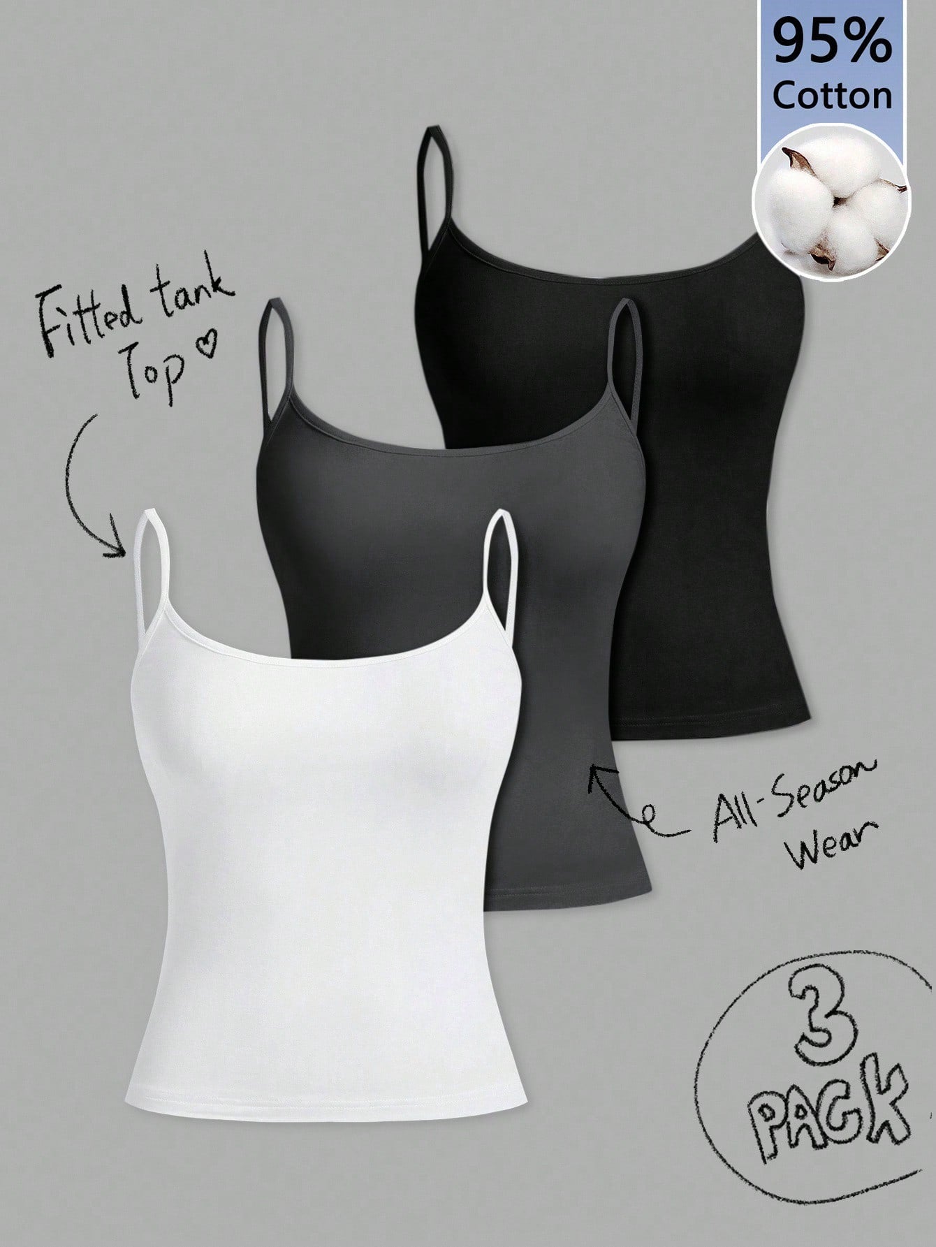 Tseoso 3pcs/Set Casual Slim-Fit Women's Camisole Tops,95% Cotton Black And White,Summer,Basic,Everyday Tank Tops With Built In Bra,Fitted Vintage Cute Tops
