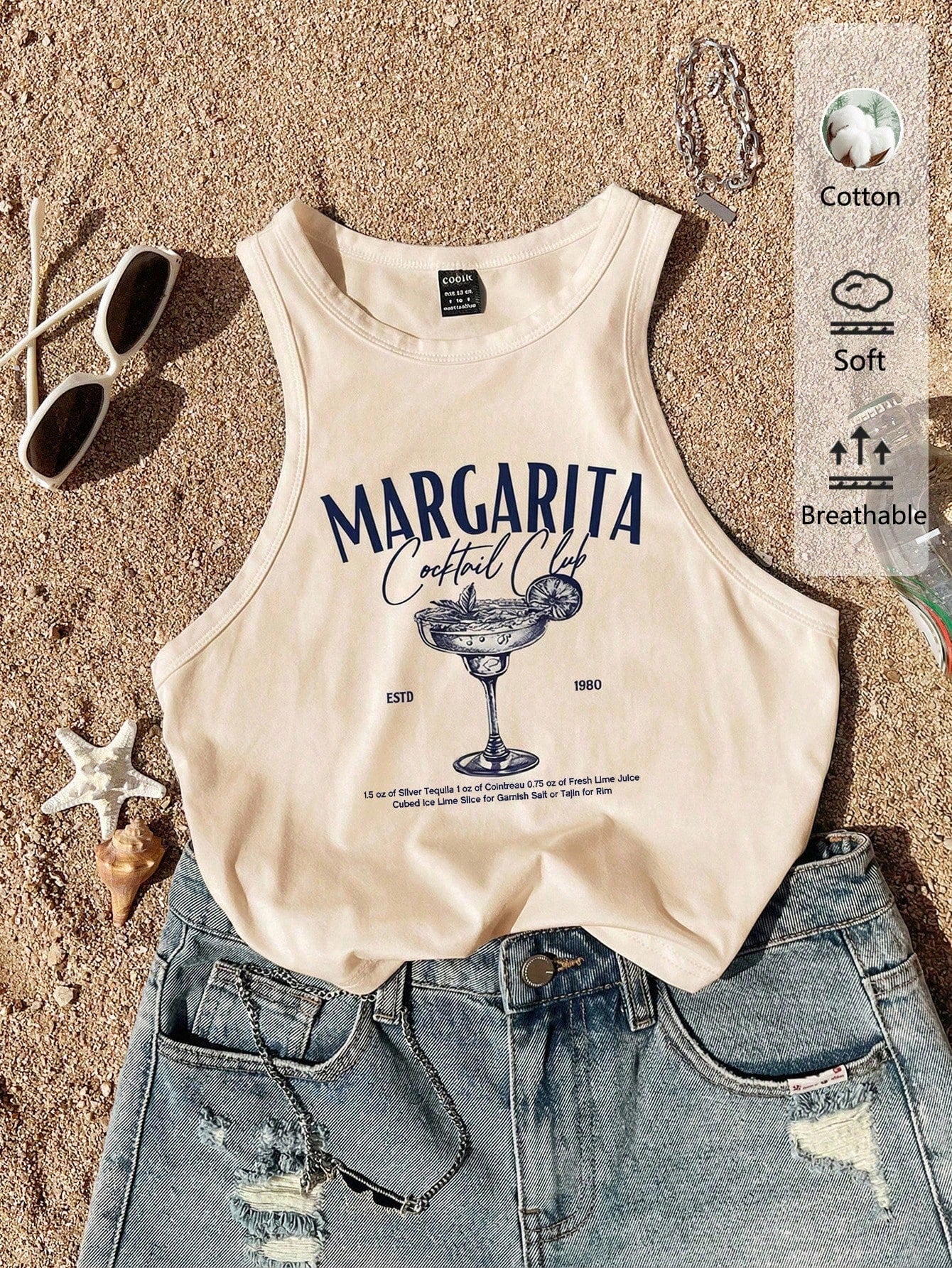 Tseoso Casual Minimalist Round Neck Tight Fit Women's Tank Top, Suitable For Summer, Cocktail Glass Print Pattern,Summer Top