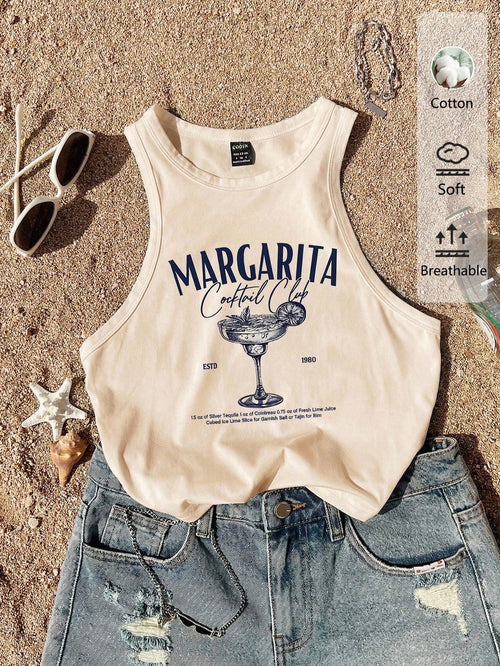 Tseoso Casual Minimalist Round Neck Tight Fit Women's Tank Top, Suitable For Summer, Cocktail Glass Print Pattern,Summer Top