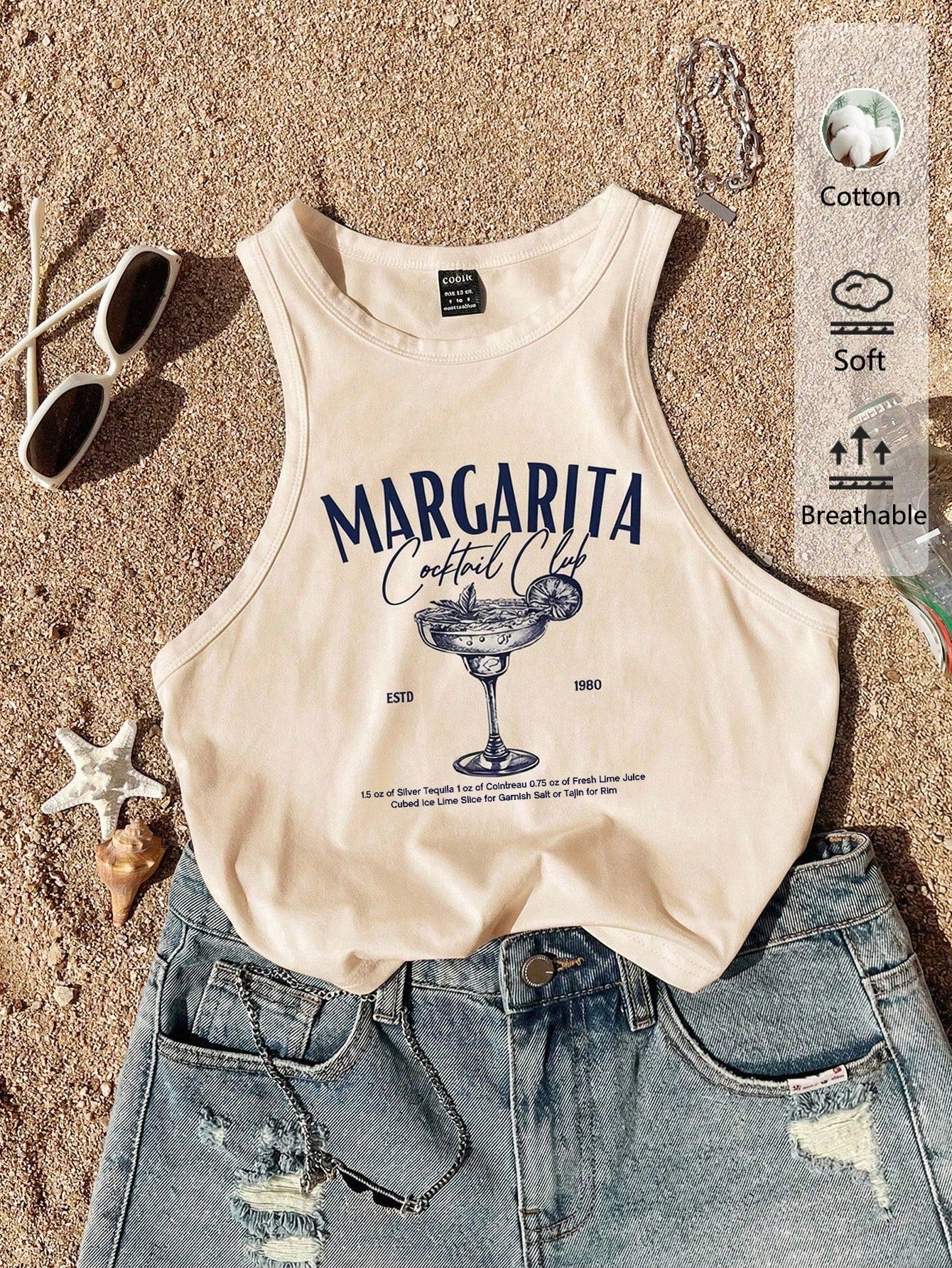 Tseoso Casual Minimalist Round Neck Tight Fit Women's Tank Top, Suitable For Summer, Cocktail Glass Print Pattern,Summer Top