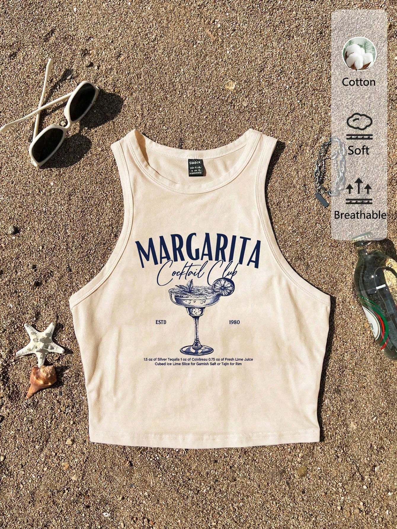 Tseoso Casual Minimalist Round Neck Tight Fit Women's Tank Top, Suitable For Summer, Cocktail Glass Print Pattern,Summer Top
