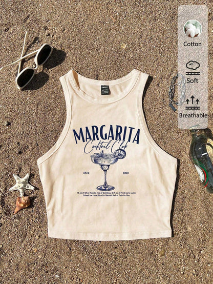 Tseoso Casual Minimalist Round Neck Tight Fit Women's Tank Top, Suitable For Summer, Cocktail Glass Print Pattern,Summer Top