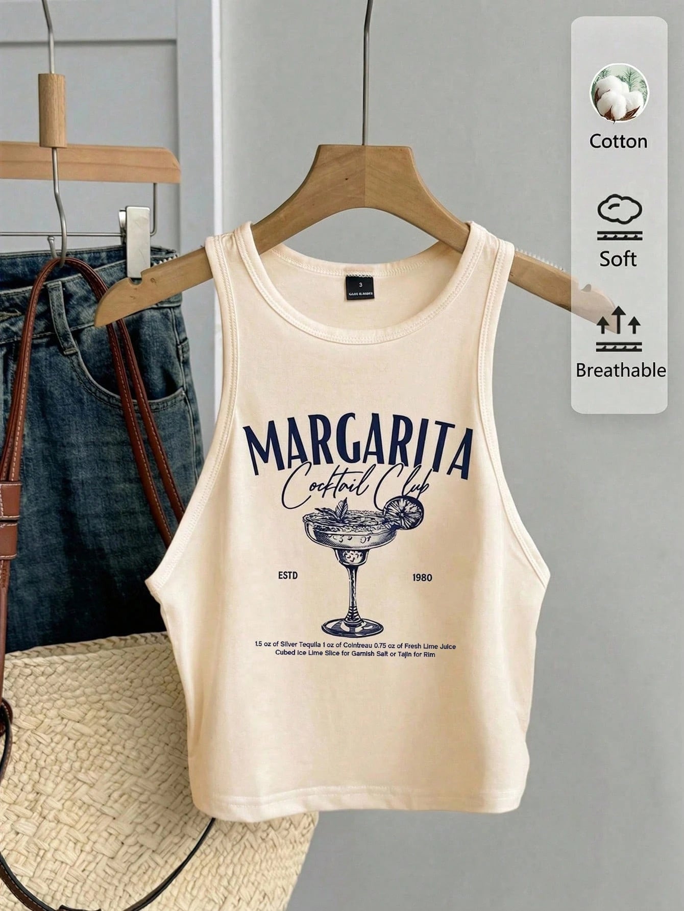 Tseoso Casual Minimalist Round Neck Tight Fit Women's Tank Top, Suitable For Summer, Cocktail Glass Print Pattern,Summer Top