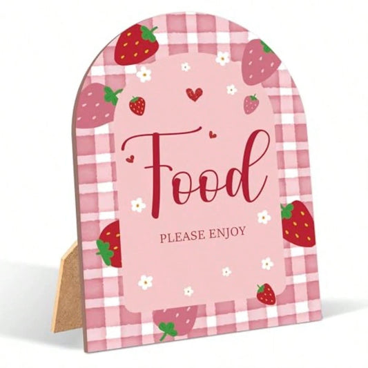 TStrawberry Food Please Enjoy Sign For Baby Shower 6x8 Inch Arch Wooden Sign With Stand Berry Baby Shower Table Sign Gender Neutral Party Decoration- MUK25I