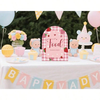 TStrawberry Food Please Enjoy Sign For Baby Shower 6x8 Inch Arch Wooden Sign With Stand Berry Baby Shower Table Sign Gender Neutral Party Decoration- MUK25I