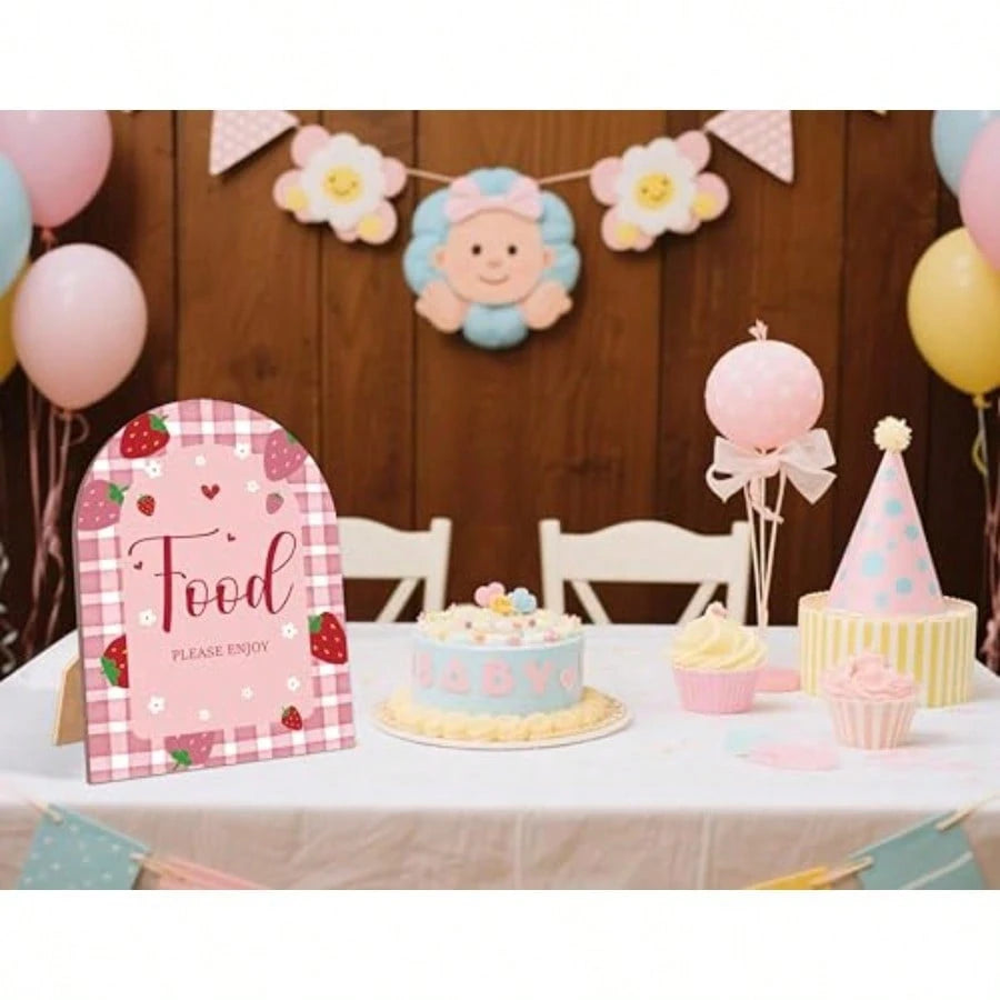 TStrawberry Food Please Enjoy Sign For Baby Shower 6x8 Inch Arch Wooden Sign With Stand Berry Baby Shower Table Sign Gender Neutral Party Decoration- MUK25I