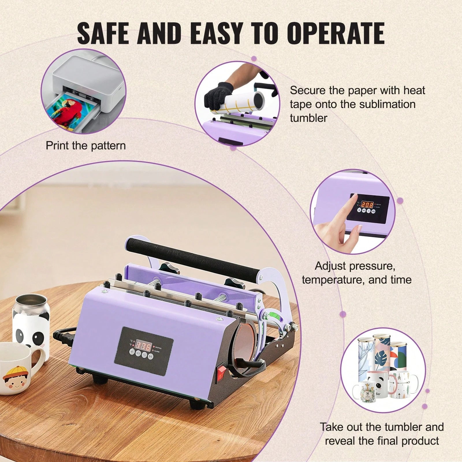 Tumbler Heat Press Machine, 11-30oz Mug Press, Heat Up Fast And Even, Tumbler Press With Sublimation Paper, Tape And Gloves, Temp And Time Setting, For Sublimation Tumblers, Cups, Mugs, Purple