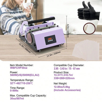 Tumbler Heat Press Machine, 11-30oz Mug Press, Heat Up Fast And Even, Tumbler Press With Sublimation Paper, Tape And Gloves, Temp And Time Setting, For Sublimation Tumblers, Cups, Mugs, Purple