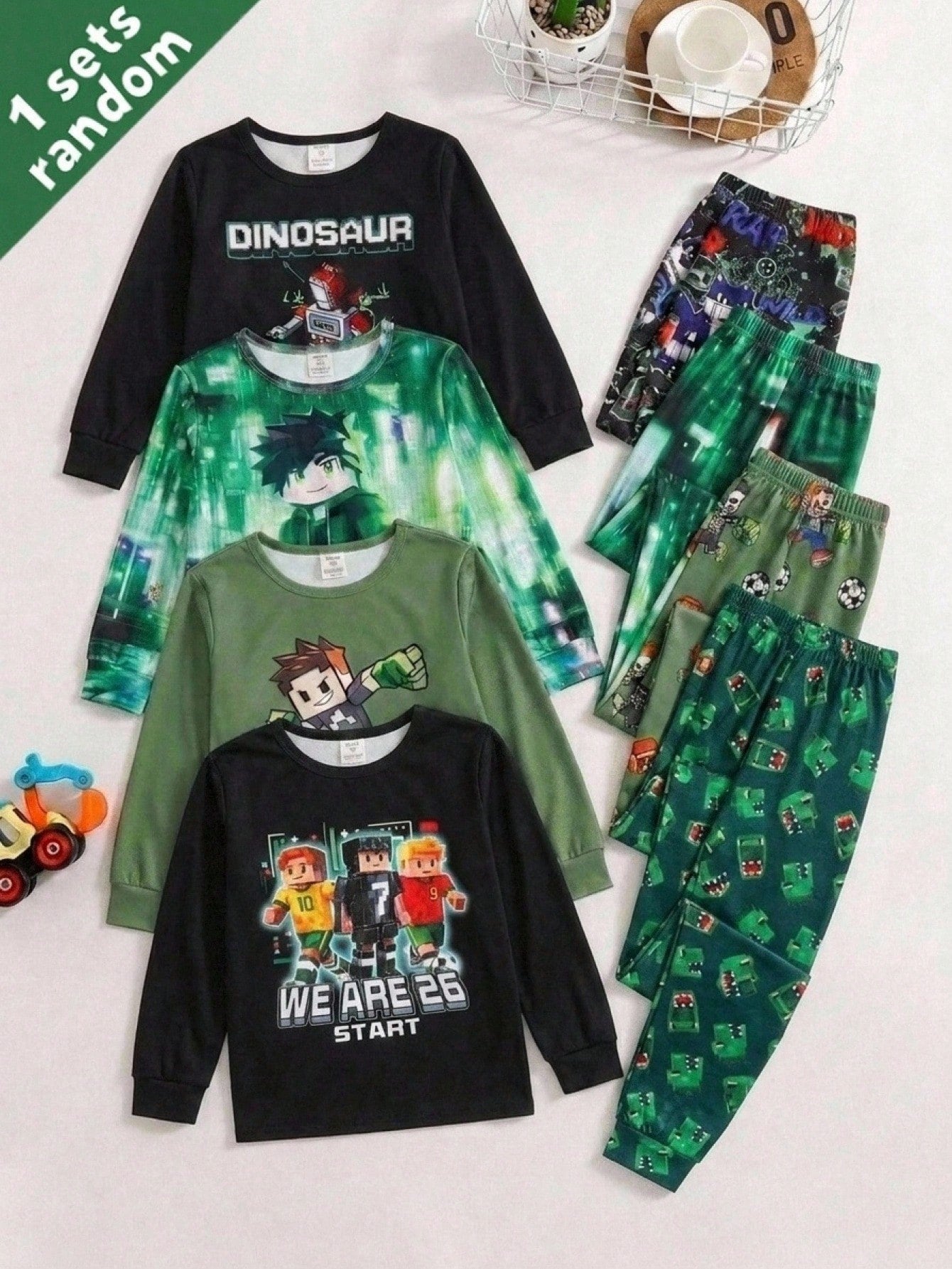 Tween Boy Snug Fit Colorblock Building Block Mission Green Dinosaur Pattern Crew Neck Long Sleeve Pants Casual Comfortable Home Sleepwear Tight Fit 2-Piece Set