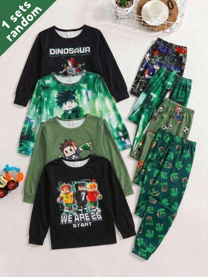 Tween Boy Snug Fit Colorblock Building Block Mission Green Dinosaur Pattern Crew Neck Long Sleeve Pants Casual Comfortable Home Sleepwear Tight Fit 2-Piece Set