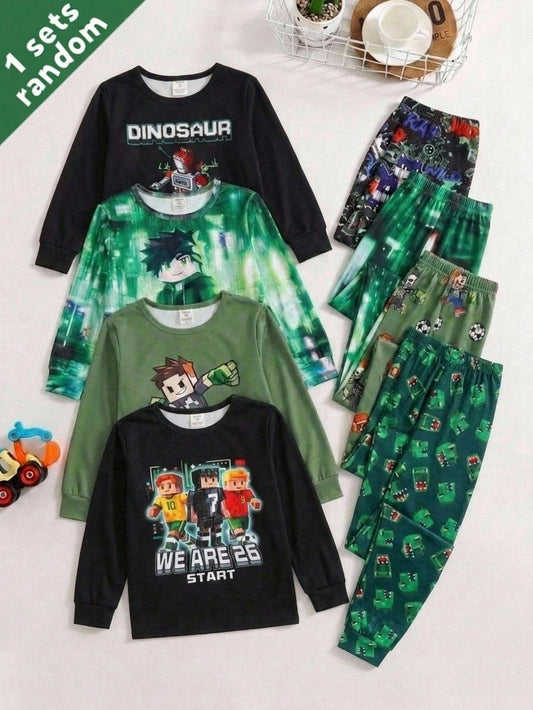 Tween Boy Snug Fit Colorblock Building Block Mission Green Dinosaur Pattern Crew Neck Long Sleeve Pants Casual Comfortable Home Sleepwear Tight Fit 2-Piece Set