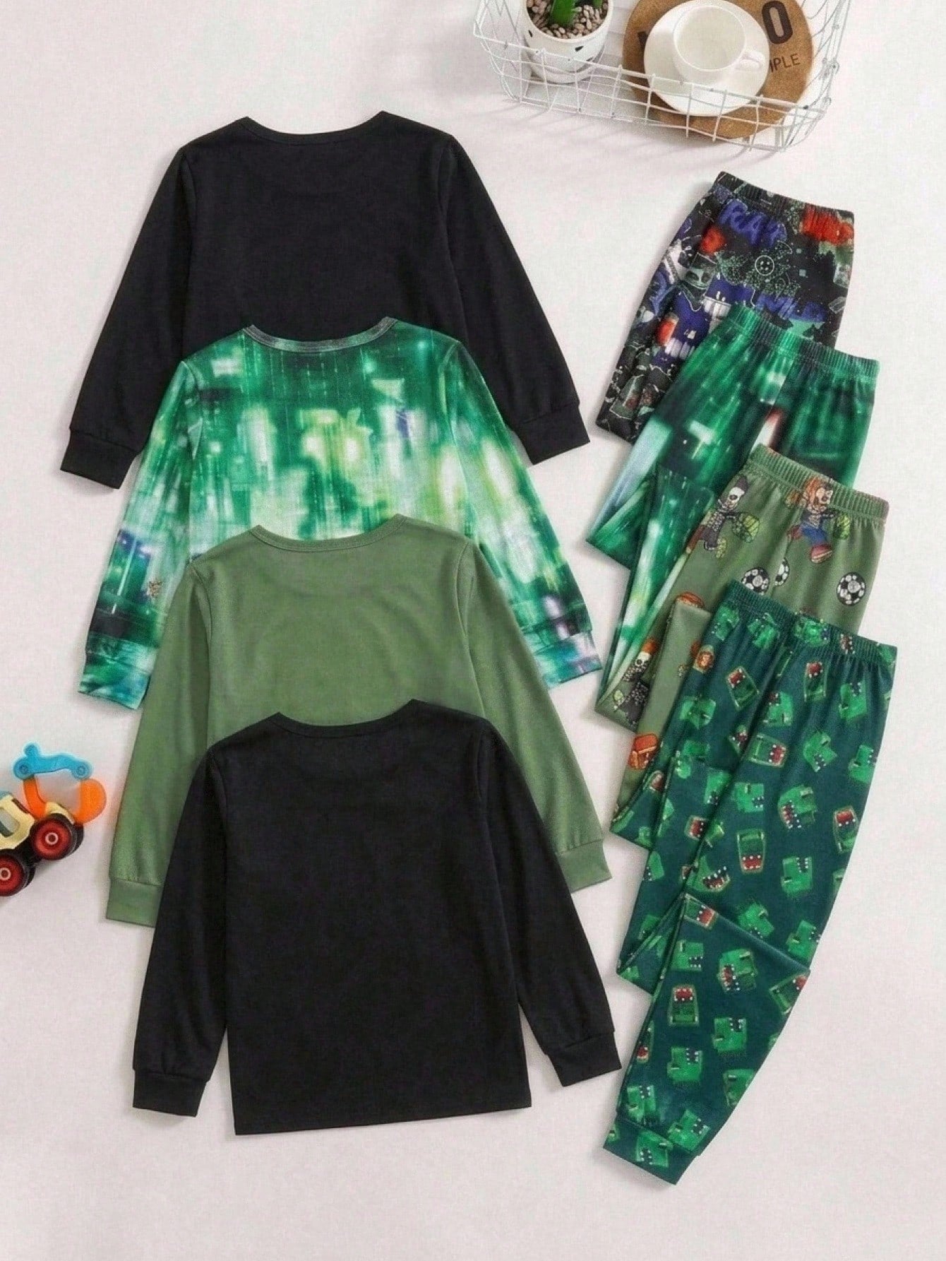 Tween Boy Snug Fit Colorblock Building Block Mission Green Dinosaur Pattern Crew Neck Long Sleeve Pants Casual Comfortable Home Sleepwear Tight Fit 2-Piece Set