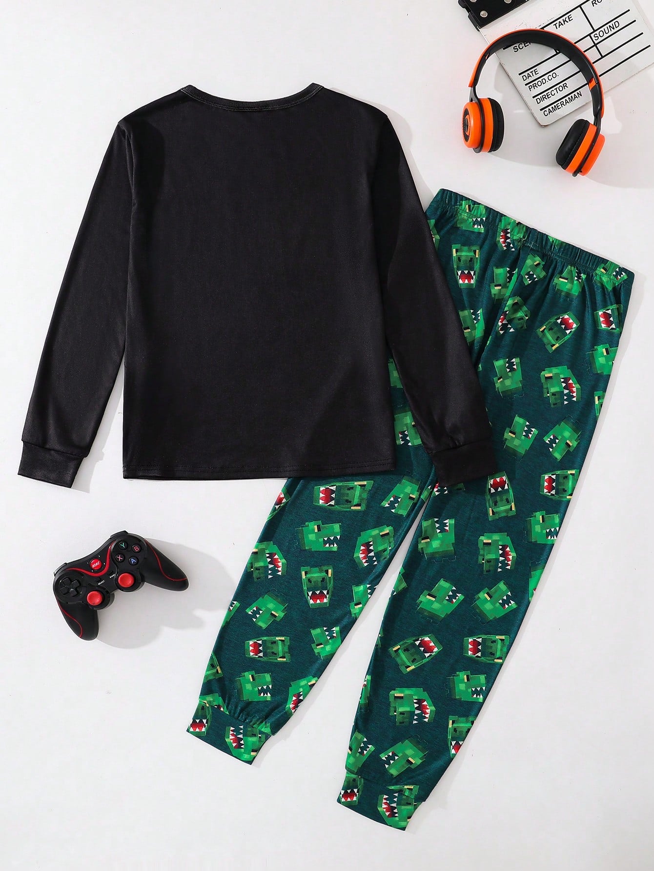 Tween Boy Snug Fit Colorblock Building Block Mission Green Dinosaur Pattern Crew Neck Long Sleeve Pants Casual Comfortable Home Sleepwear Tight Fit 2-Piece Set