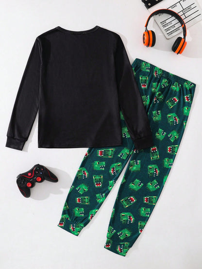 Tween Boy Snug Fit Colorblock Building Block Mission Green Dinosaur Pattern Crew Neck Long Sleeve Pants Casual Comfortable Home Sleepwear Tight Fit 2-Piece Set