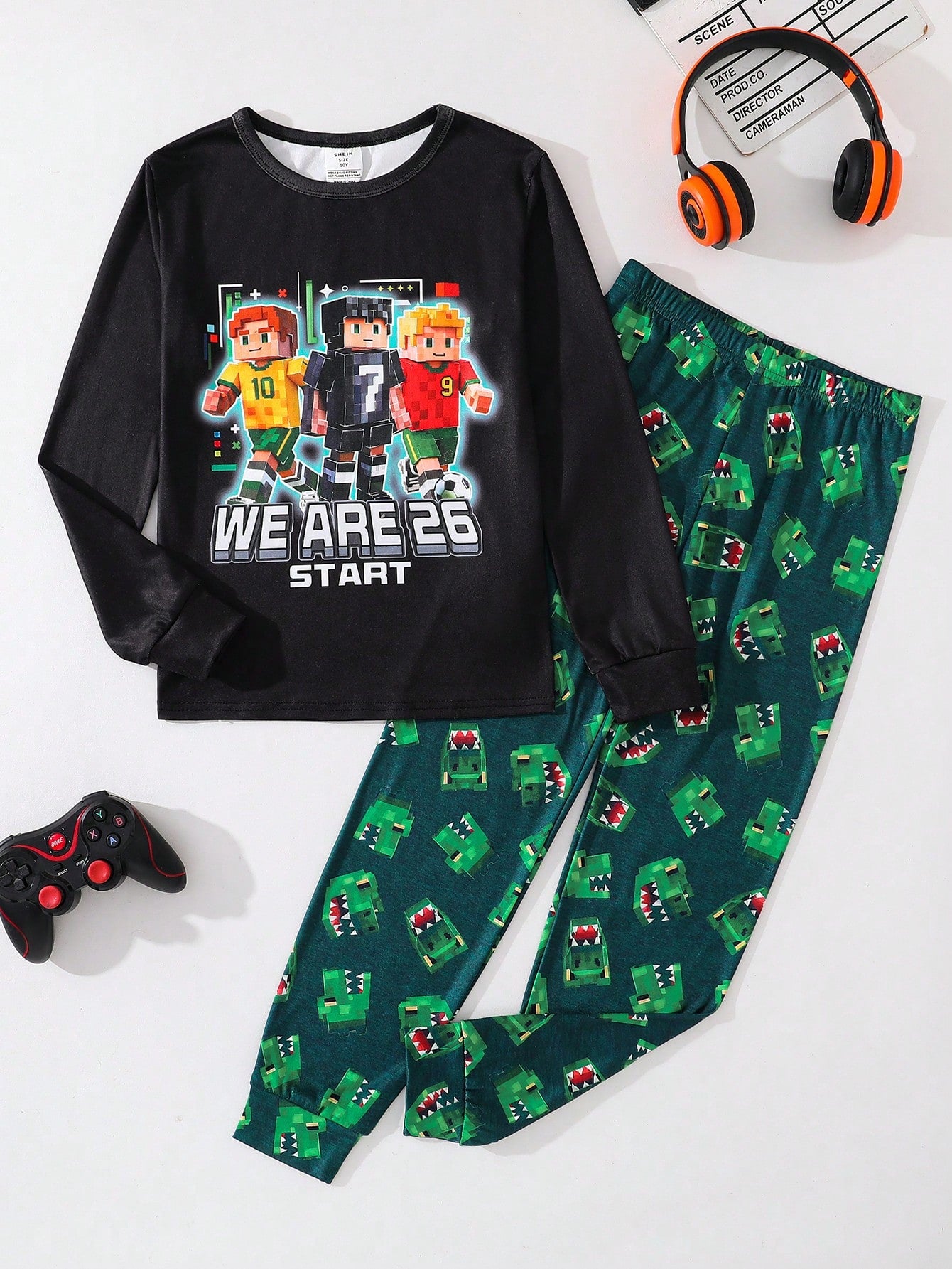 Tween Boy Snug Fit Colorblock Building Block Mission Green Dinosaur Pattern Crew Neck Long Sleeve Pants Casual Comfortable Home Sleepwear Tight Fit 2-Piece Set