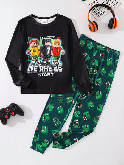 Tween Boy Snug Fit Colorblock Building Block Mission Green Dinosaur Pattern Crew Neck Long Sleeve Pants Casual Comfortable Home Sleepwear Tight Fit 2-Piece Set