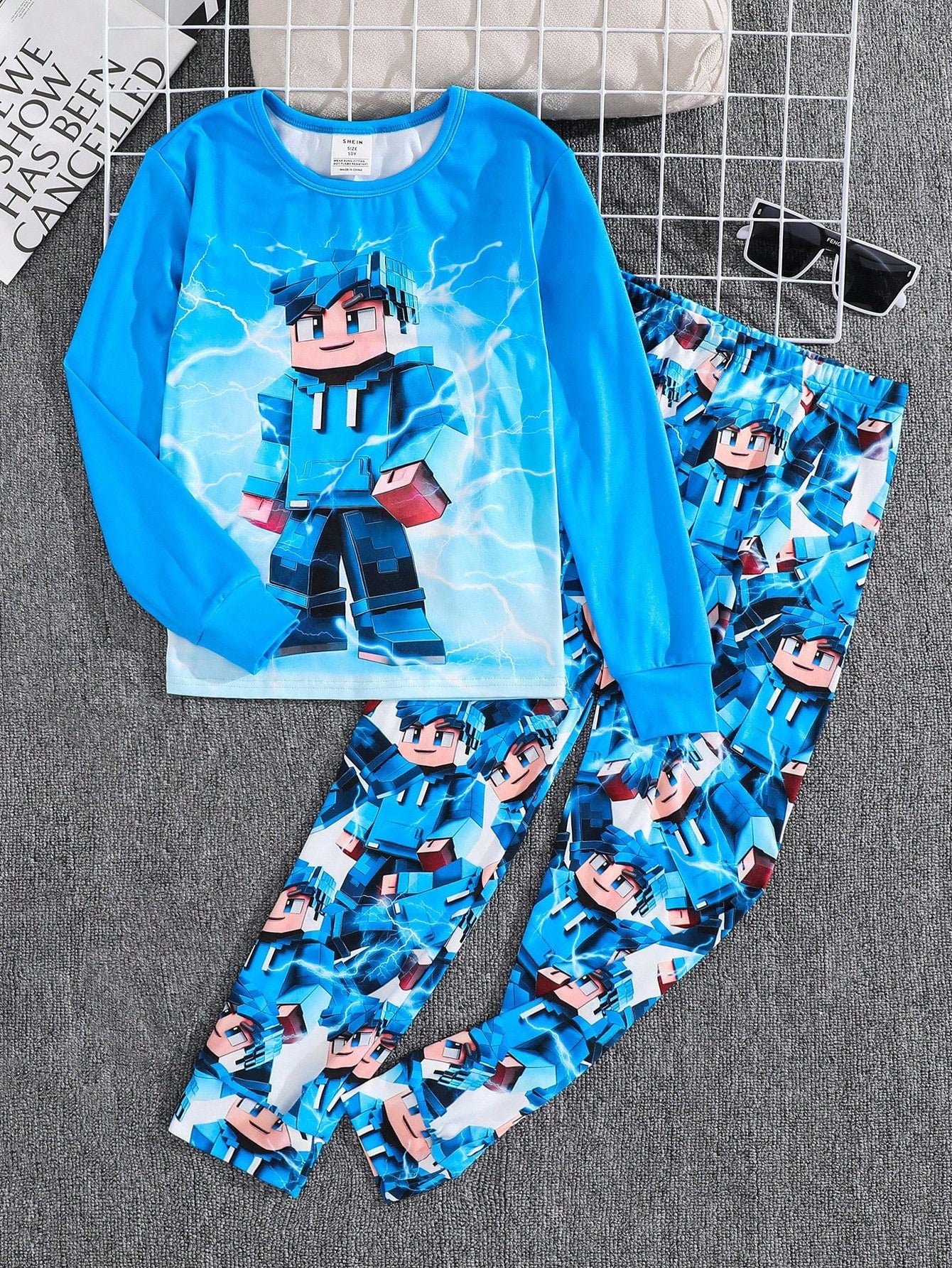 Tween Boy Snug Fit Colorblock Building Block Mission Green Dinosaur Pattern Crew Neck Long Sleeve Pants Casual Comfortable Home Sleepwear Tight Fit 2-Piece Set